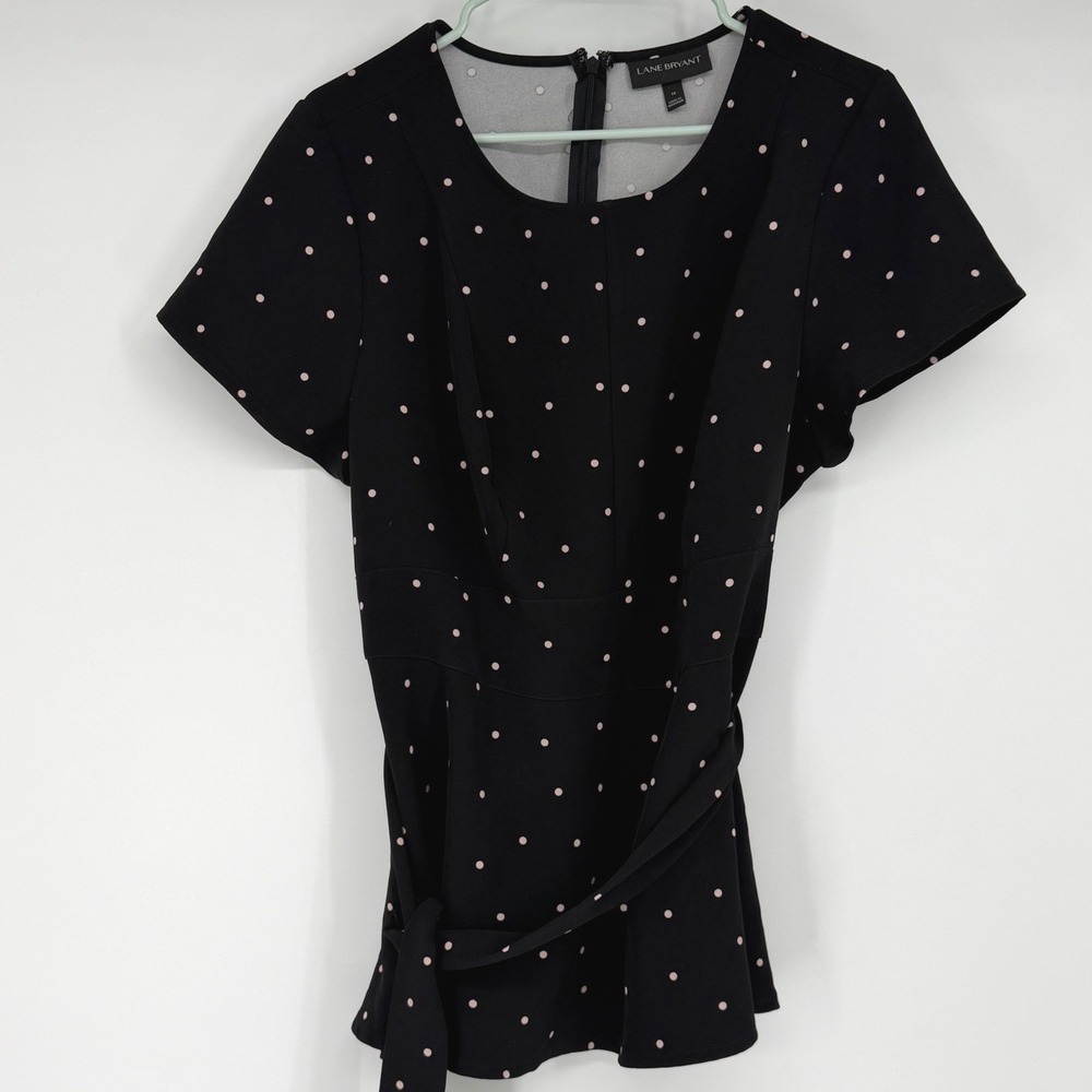 Lane Bryant Black Pink Polka Dot Short Sleeve Belted Blouse Top Size 14